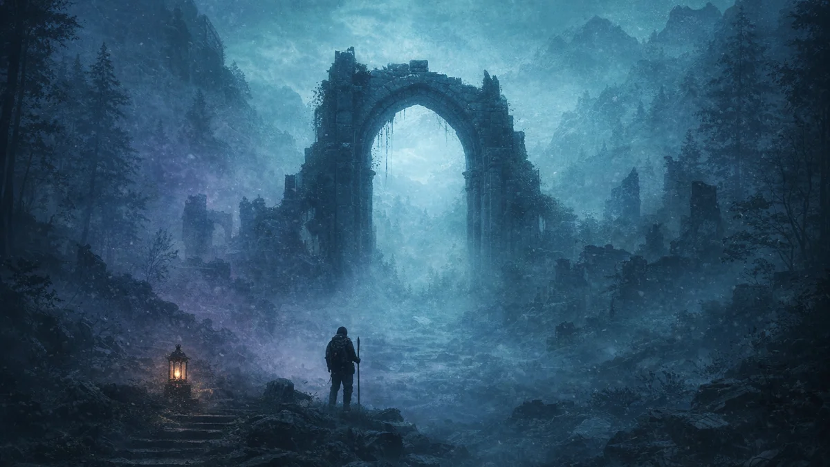 Enshrouded — Dark fantasy forest with ghost green ethereal light