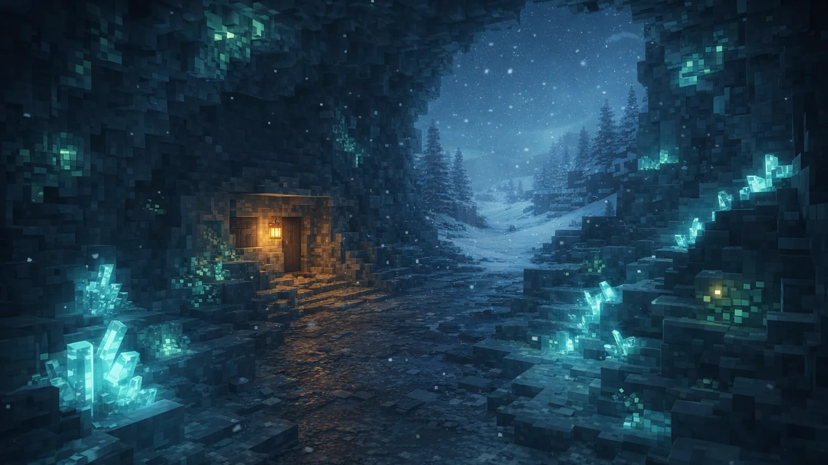 Minecraft — Dark cave with ghost green crystals and bioluminescent ore veins