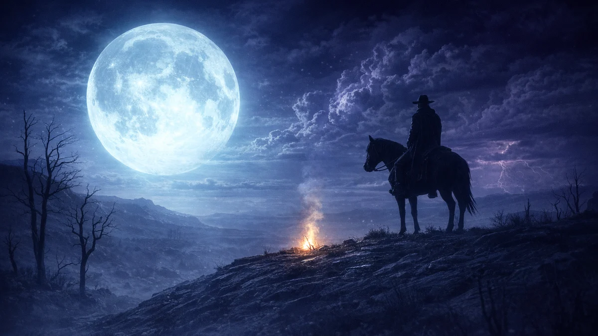 Red Dead Online — Moonlit western desert with ghost green aurora